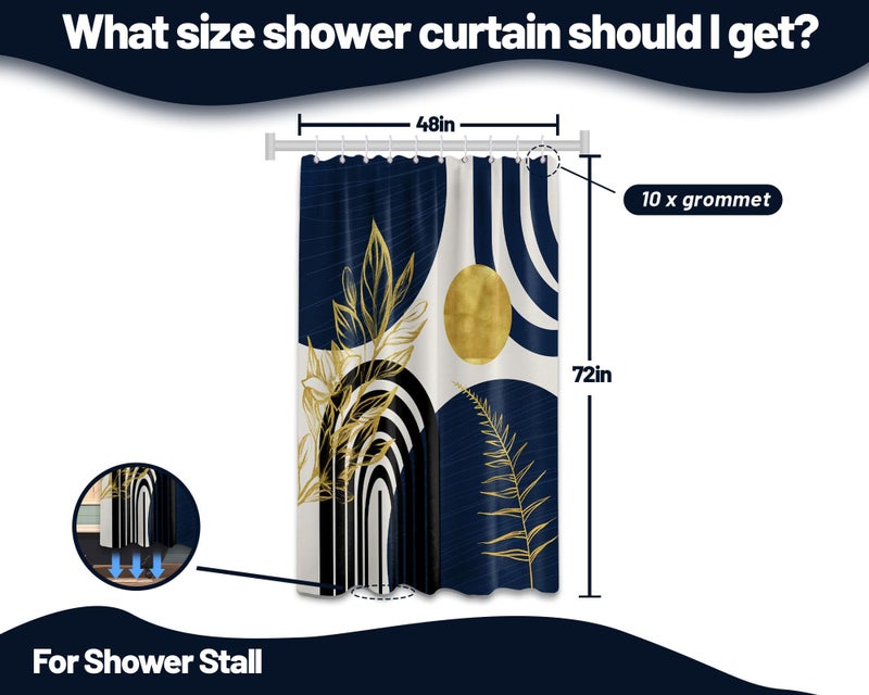 QGHOT Boho Mid Century Modern Shower Curtain Navy Blue Shower Curtains for Mens Bathroom Decor Bohemian Dark Blue and Gold Leaves MCM Bath Curtain Set  Waterproof Fabric with Hooks  48"" W x 72"" L - Image 4
