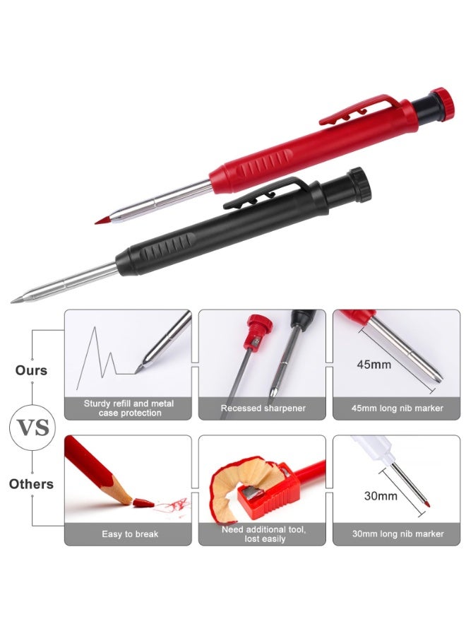 2 Pack Carpenter Pencils Mechanical Pencils with 12 Refills, Construction Pencils with Built-in Sharpener, Long Nib Deep Hole Pencil Marker, Heavy Duty Woodworking Pencil for Architect (2 Colors) - Image 5