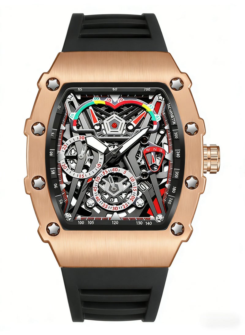 WNH Luxury Skeleton Automatic Mechanical Watch for Men | Tonneau Rose Gold Case Black Rubber Strap Sport Wristwatch - Image 1