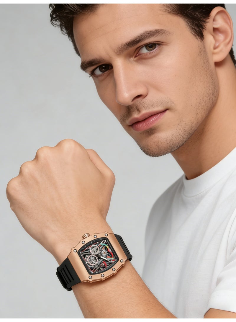 WNH Luxury Skeleton Automatic Mechanical Watch for Men | Tonneau Rose Gold Case Black Rubber Strap Sport Wristwatch - Image 5