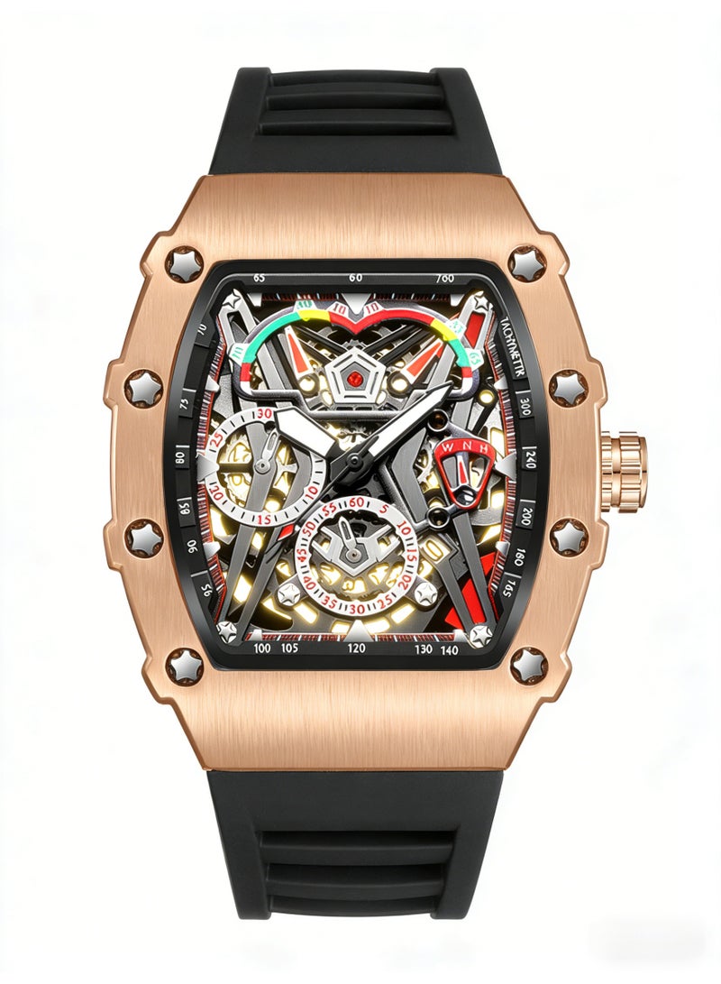 WNH Luxury Skeleton Automatic Mechanical Watch for Men | Tonneau Rose Gold Case Black Rubber Strap Sport Wristwatch - Image 2