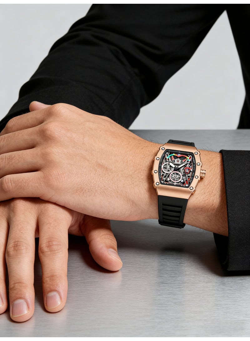 WNH Luxury Skeleton Automatic Mechanical Watch for Men | Tonneau Rose Gold Case Black Rubber Strap Sport Wristwatch - Image 4