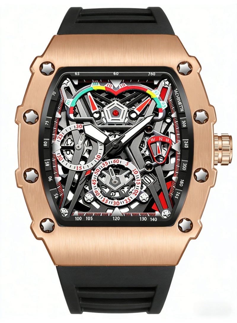 WNH Luxury Skeleton Automatic Mechanical Watch for Men | Tonneau Rose Gold Case Black Rubber Strap Sport Wristwatch - Image 3