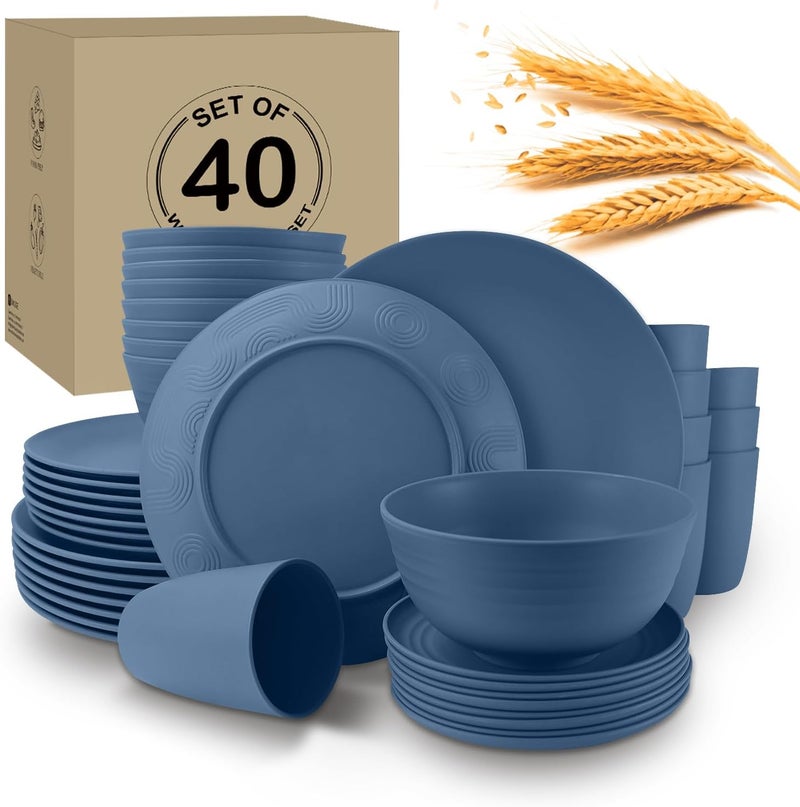 Wrova 40Pack plates and bowls sets for kids  Unbreakable wheat straw dinnerware sets service for 8  Alternative plastic 40pcs dishes for kitchen camping and indoors dinning  Blue - Image 1