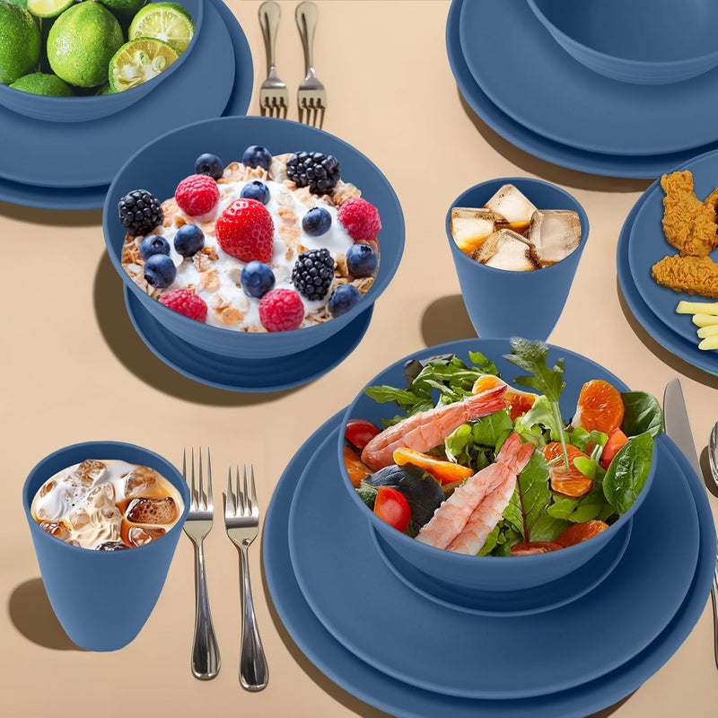 Wrova 40Pack plates and bowls sets for kids  Unbreakable wheat straw dinnerware sets service for 8  Alternative plastic 40pcs dishes for kitchen camping and indoors dinning  Blue - Image 5