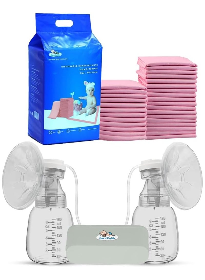 لطف وحضن حصائر تغيير حفاضات للأطفال من Cute 'n' Cuddle – عبوة 120 قطعة (60×90 سم، وردي)، ناعمة، مقاومة للماء وذات امتصاص فائق | مع شفاط حليب كهربائي – بدون استخدام اليدين، قابل للارتداء، لاسلكي وقابل لإعادة الشحن مع 9 مستويات و3 أوضاع. - Image 1