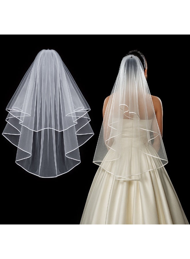White Double Ribbon Edge Center Cascade Bridal Wedding Veil  Women Bride To Be Veil Party Set - Image 2