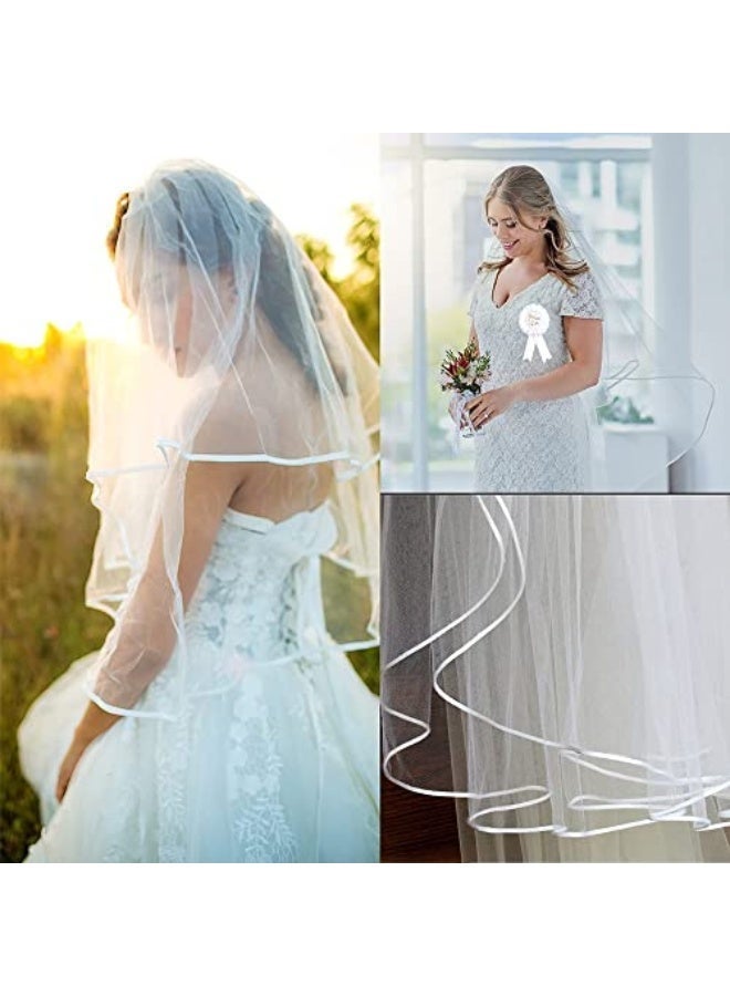 طرحة زفاف بيضاء ذات طبقتين وحافة مزدوجة بشريط أبيض مع مشط لحفل الزفاف وحفل توديع العزوبية - Image 5