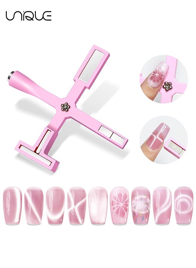 Unique 5 in 1 Magnet for Cat Eye Gel Nail Polish, Multifunctional Magnetic Nail Tool, Upgraded Cross Cat Eye Magnet for Nail Designs 3D Cateye Nail Gel Strong Nail Art Magnet Home Salon(Pink) - Image 1