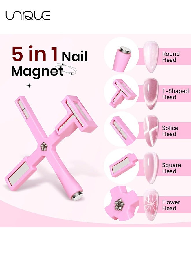 Unique 5 in 1 Magnet for Cat Eye Gel Nail Polish, Multifunctional Magnetic Nail Tool, Upgraded Cross Cat Eye Magnet for Nail Designs 3D Cateye Nail Gel Strong Nail Art Magnet Home Salon(Pink) - Image 4