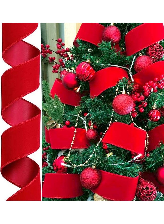 OLYPHAN Red Wire Ribbon Velvet 2.5 (2 1/2) Inch Wide 50 Yd Wired-Edge Trim - Gift Wrapping Bow, Indoor Outdoor Christmas Tree Trimming Bows/Winter Wedding Ribbons Xmas Crafts & Gifts (50) - Image 2
