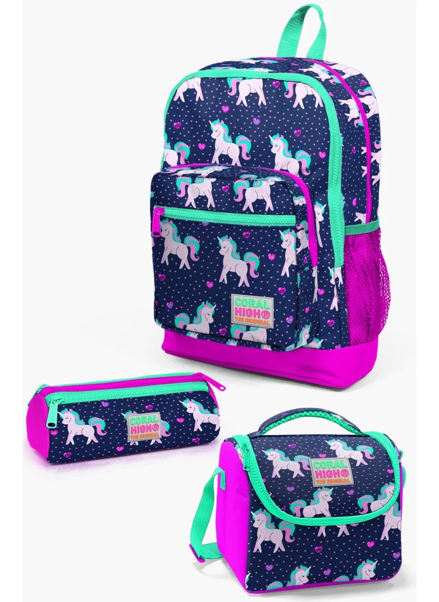 CORAL HIGH Kids Navy Blue Pink Unicorn Patterned 3-Piece School Bag Set SET0123467