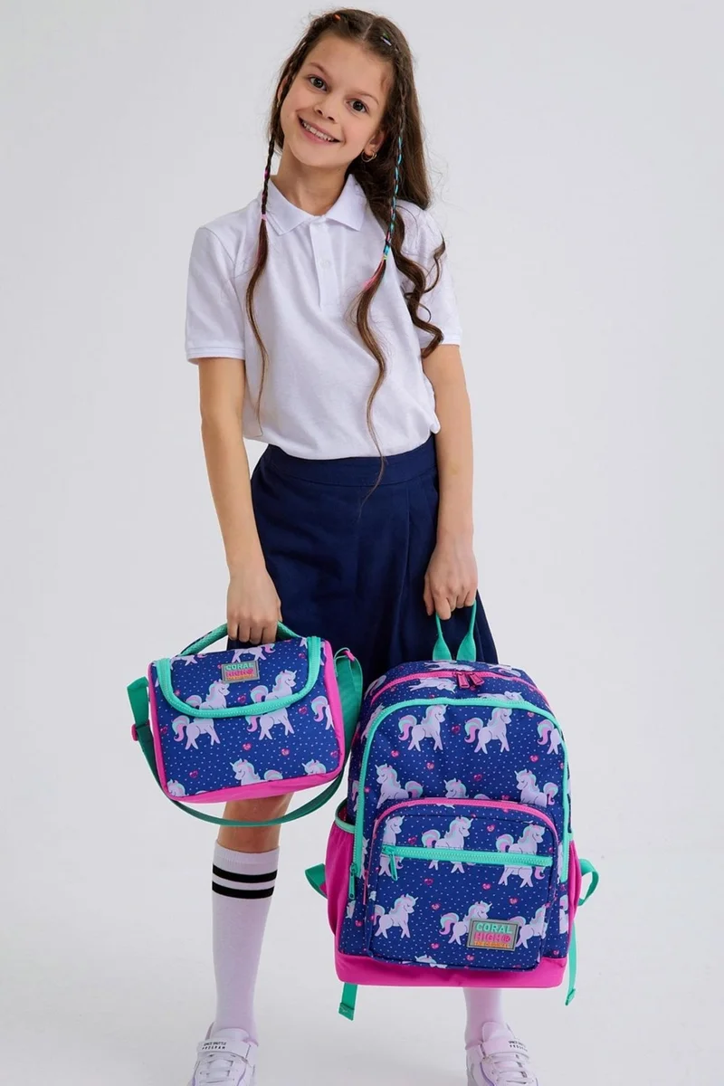 كورال هاي Kids Navy Blue Pink Unicorn Patterned 3-Piece School Bag Set SET0123467