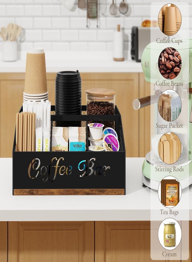BCOZLUX Coffee Station Organizer for Countertop, Farmhouse Coffee Bar Organizer with Metal Mesh Compartments for Pods, Syrup, Cups, Stirrer, Tea - Office Coffee Bar Accessories, Rustic Brown - Image 4