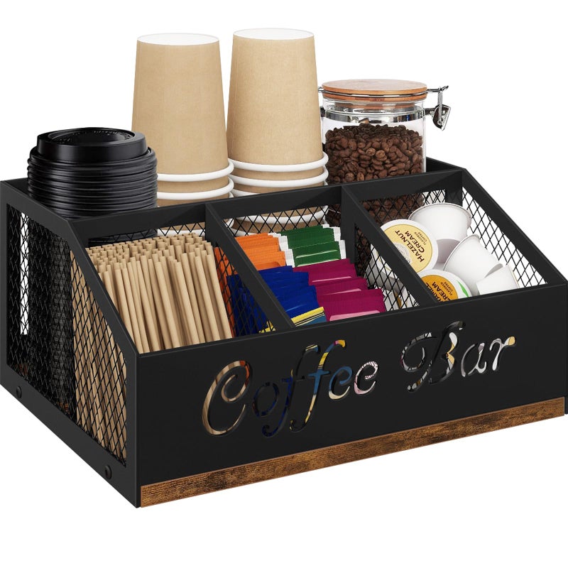 BCOZLUX Coffee Station Organizer for Countertop, Farmhouse Coffee Bar Organizer with Metal Mesh Compartments for Pods, Syrup, Cups, Stirrer, Tea - Office Coffee Bar Accessories, Rustic Brown - Image 1