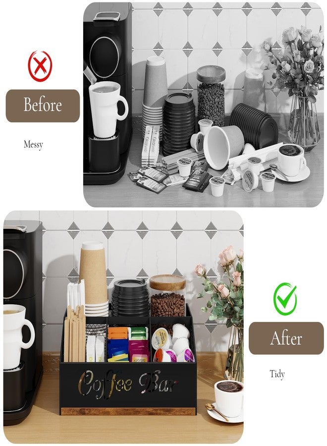 BCOZLUX Coffee Station Organizer for Countertop, Farmhouse Coffee Bar Organizer with Metal Mesh Compartments for Pods, Syrup, Cups, Stirrer, Tea - Office Coffee Bar Accessories, Rustic Brown - Image 5