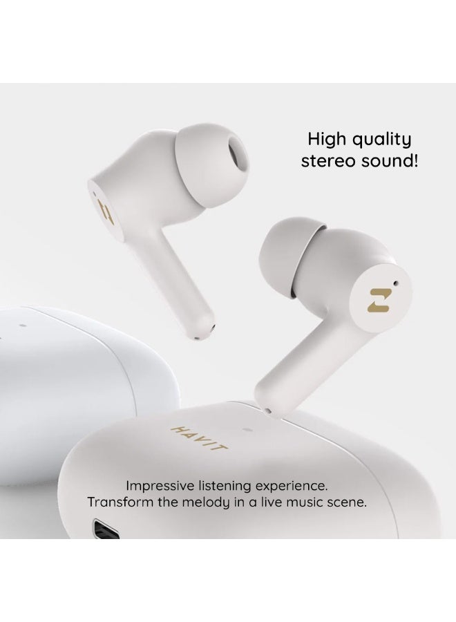 havit True Wireless Earbuds with Active Noise Cancellation (ANC), Dual-Mic ENC, 10mm Dynamic Drivers, Bluetooth Earphones for Music & Calls, 55ms Low Latency Gaming Mode, Dual Device Connection, Wireless Headphones for Gaming & Entertainment, Immersive Stereo Sound, Up to 16H Battery Life with Charging Case – Beige - Image 3