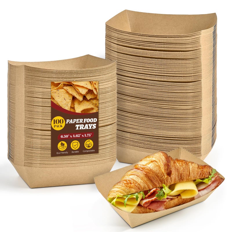 Ocmoiy 2lb Paper Food Trays 100 Pack Heavy Duty Kraft Food Boats Holders Disposable Serving Basket Trays for Hot Dog Nachos Tacos Fries BBQ Festivals Party