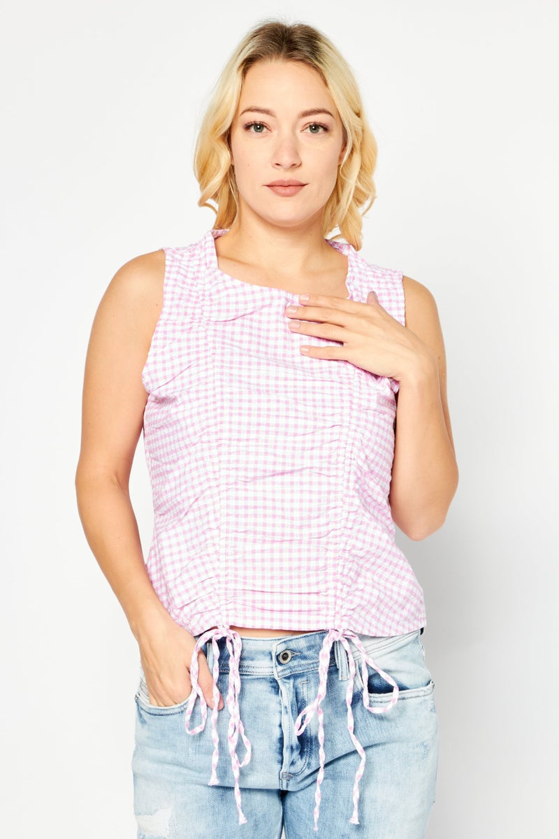 PIECES Women Round Neck Sleeveless Gingham Pattern Top, White - Image 1
