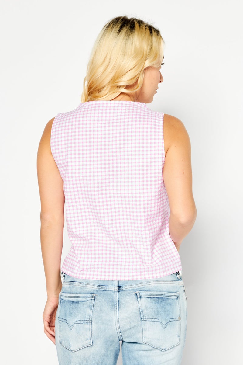 PIECES Women Round Neck Sleeveless Gingham Pattern Top, White - Image 4