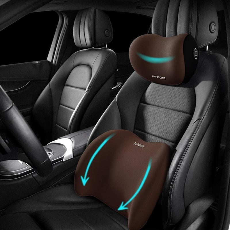 TENDULA Car Neck and Back Cushion Lumbar Support Pillow for Office Chair and Car SeatSoftness Memory Foam Comfortable Ergonomic Design for Neck and Back Rest Pillow Brown - Image 1