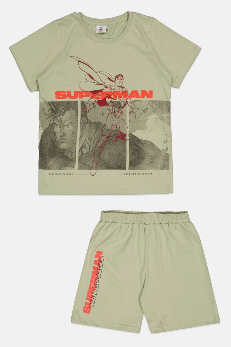 Kids Boy 2 Pcs Superman T-Shirt And Short Set, Sage Green