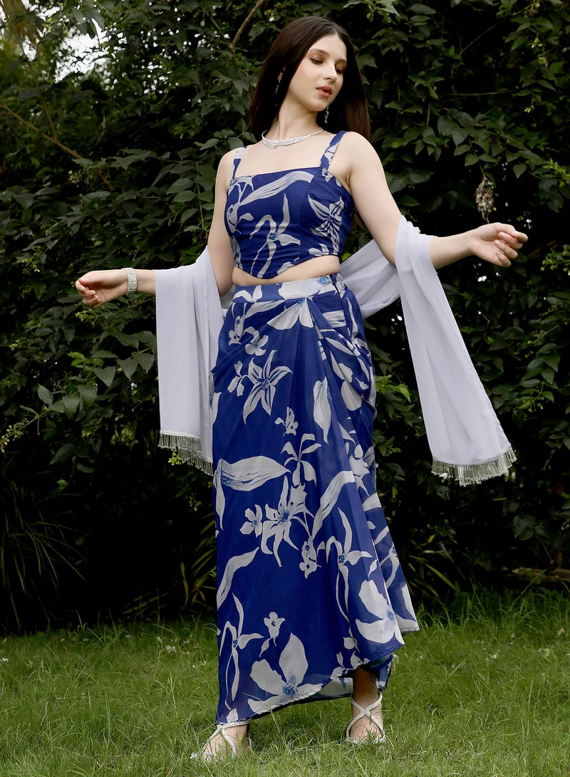 QISSA Women's Indigo Blue Flora-Imprint Corset Co-ord Set For Ethnic Wear | Square Neck, Sleeveless | Floral Print Plain Fabric | 3 Piece Co-Ords Designed For Evening & Party Wear