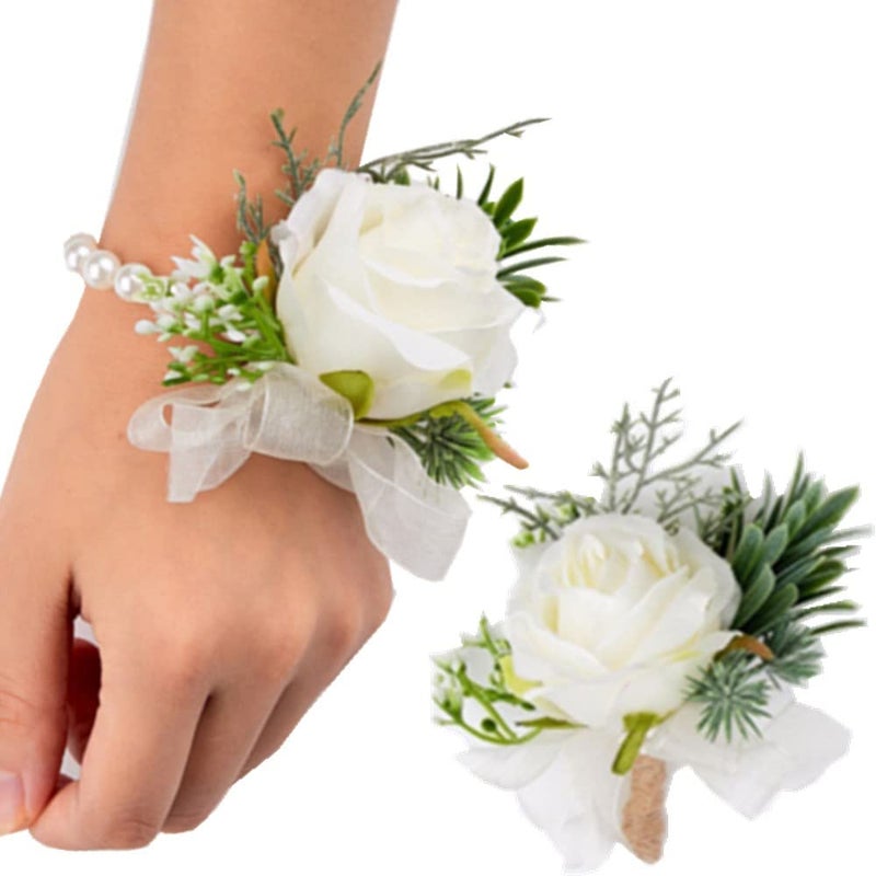 OUKEYI OUKEYI 2PCS Rose Flower Wrist Corsage Boutonniere Set Handmade Artificial Corsage Set Bride Hand Flower Wristlet Band Bracelet and Men Boutonniere for Wedding Party Prom Decorations White