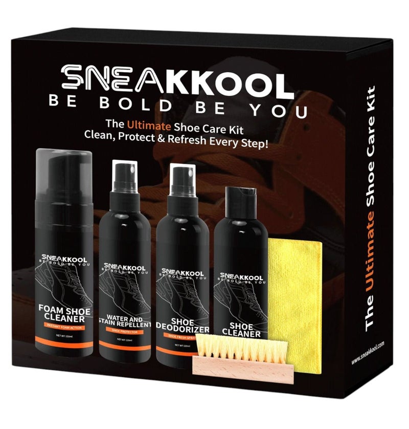 سنيكول مجموعة تنظيف الأحذية الرياضية Sneakkool - منظف رغوي، محلول تنظيف الأحذية، مزيل للروائح، واقي أحذية مقاوم للماء والبقع - مجموعة شاملة للعناية بالأحذية للجلد والشمواه والقماش والنوبوك وغيرها - Image 1