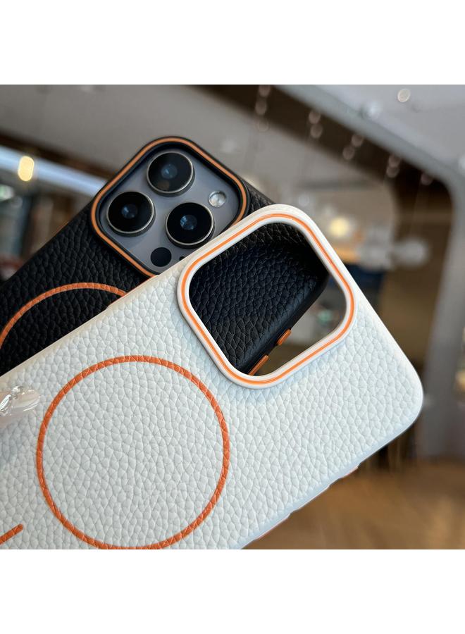 اس-توب جراب لهاتف iPhone 15 Pro مصنوع من مادة TPU ذات حلقة برتقالية MagSafe Litchi Grain - Image 5