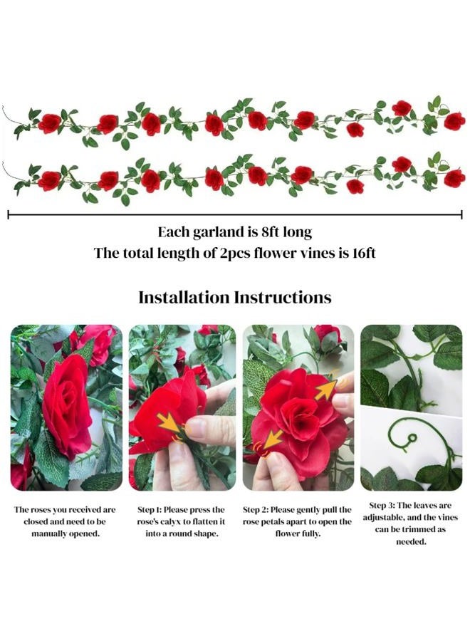 ZWYOQI ELINSON 16 FT Fake Rose Vine Garland Artificial Flowers Plants Hanging Rose Ivy Home Hotel Office Wedding Party Garden Décor (Red/2PCS) - Image 2