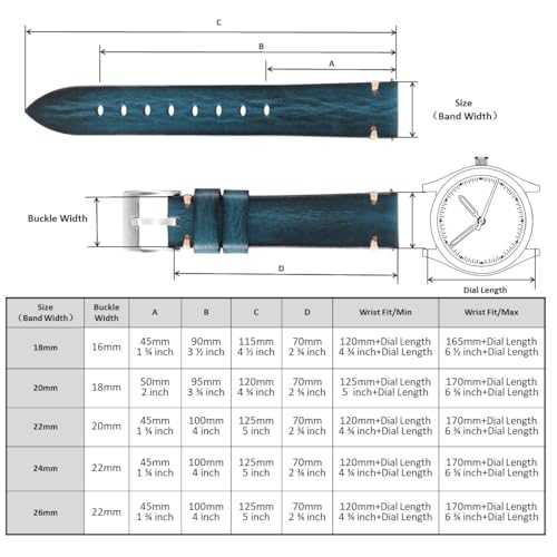 Berfine 22mm Retro Handmade Watch Band, Quick Release Vintage Leather Watch Strap Replacement,Blue - Image 4