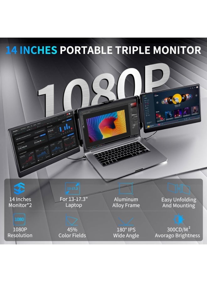Touch 14-inch Portable Triple Monitor, Full HD IPS Laptop Screen Extender with USB-C and HDMI Ports - Image 2