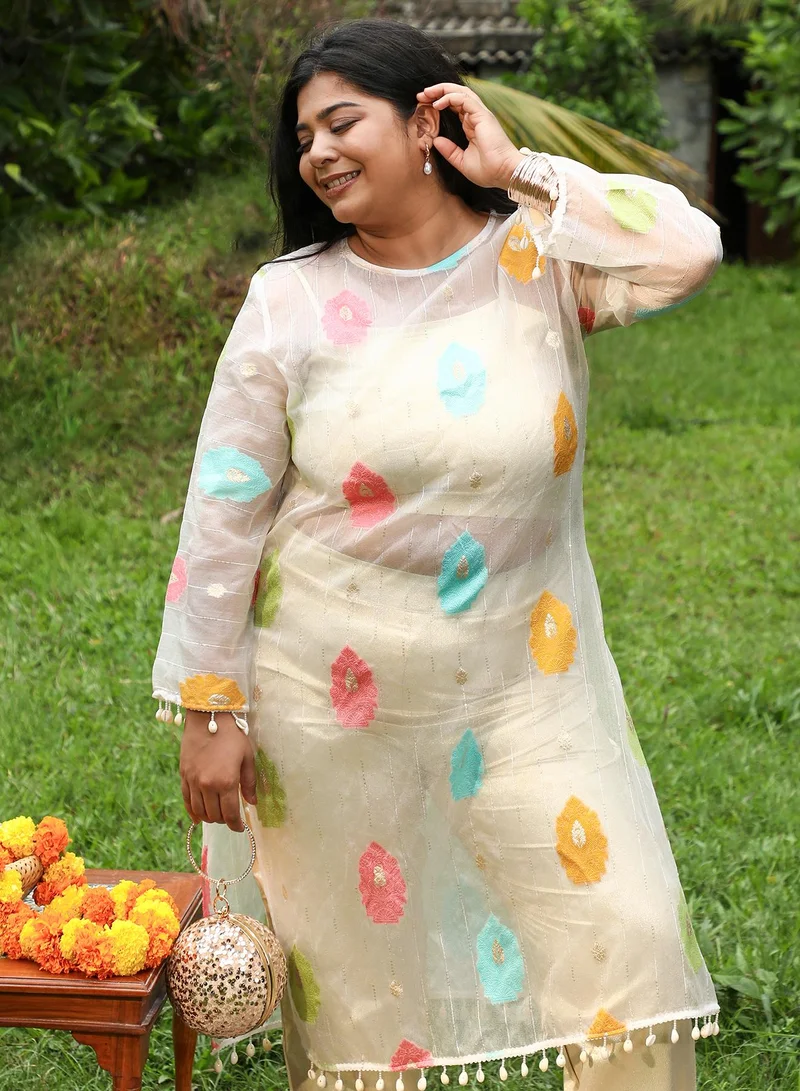 Instafab Plus Instafab Plus Women's Ivory White Floral Motif Kurta With Crop Top And Trousers For Ethnic Wear | Crew Neck, Long Regular Sleeves | Floral Jacquard Fabric | 3 Piece Kurta Set For Casual & Evening Wear