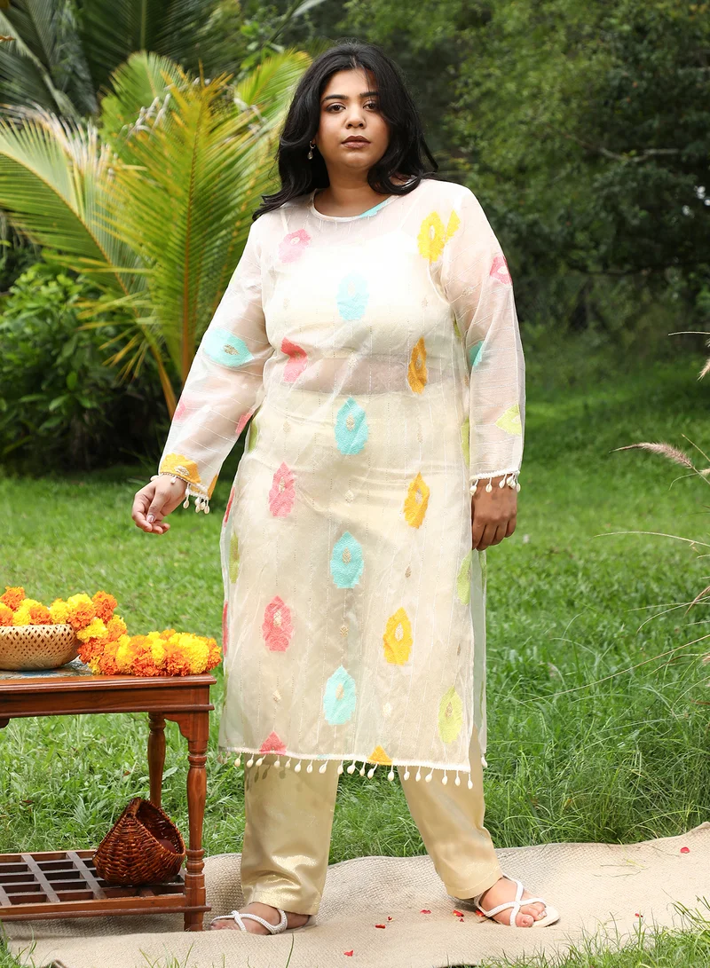 Instafab Plus Instafab Plus Women's Ivory White Floral Motif Kurta With Crop Top And Trousers For Ethnic Wear | Crew Neck, Long Regular Sleeves | Floral Jacquard Fabric | 3 Piece Kurta Set For Casual & Evening Wear