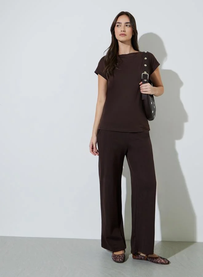 ستايلي Brown Solid Boat Neck Knitted T-Shirt
