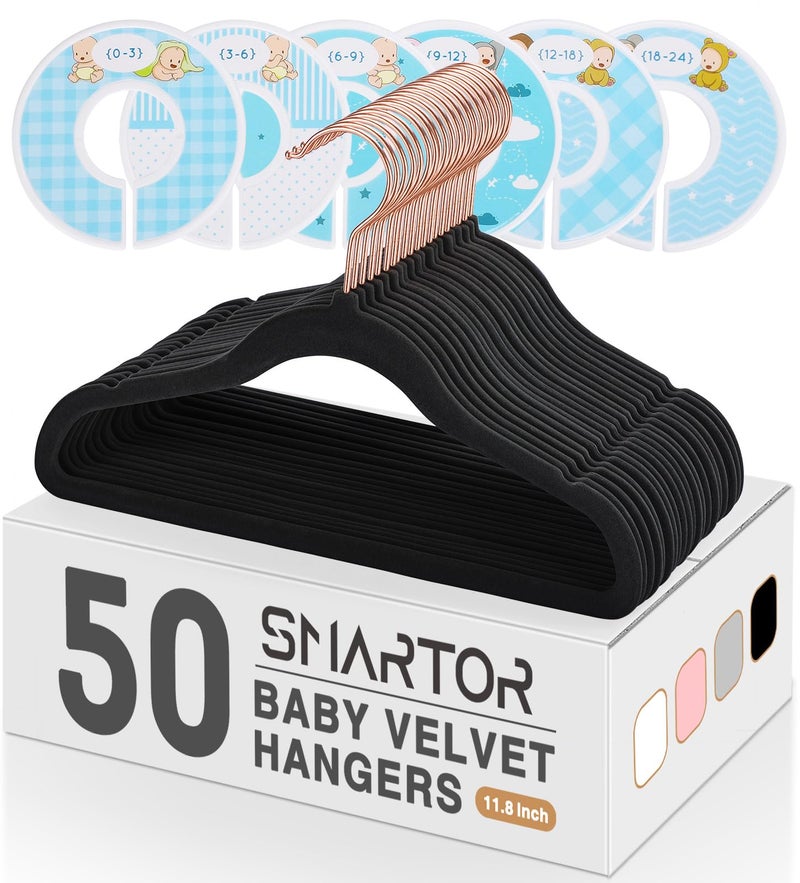 Smartor Kids Velvet Hangers 50 Pack  14'' Inch Premium Non Slip Kids Felt Hangers for Closet  Space Saving Toddler Clothes Hanger for Youth's Childrens' Clothes Shirts  Pants  Dresses - Black