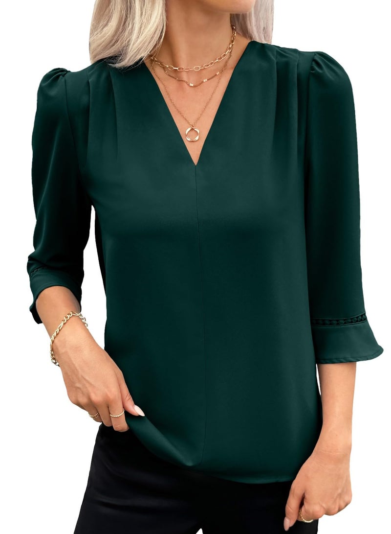 EVALESS Cute Tops for Women Dressy Casual Summer Spring 3/4 Length Sleeve Pleated V Neck Work Blouses Business Office Shirts Blackish Green L - Image 5