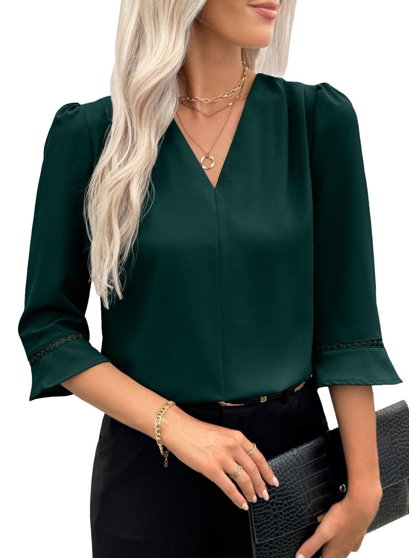 EVALESS Cute Tops for Women Dressy Casual Summer Spring 3/4 Length Sleeve Pleated V Neck Work Blouses Business Office Shirts Blackish Green L - Image 2