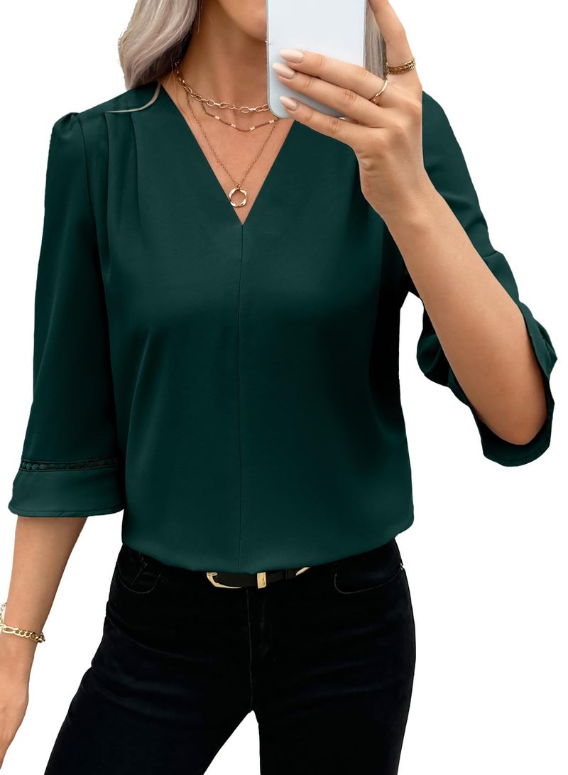 EVALESS Cute Tops for Women Dressy Casual Summer Spring 3/4 Length Sleeve Pleated V Neck Work Blouses Business Office Shirts Blackish Green L - Image 3