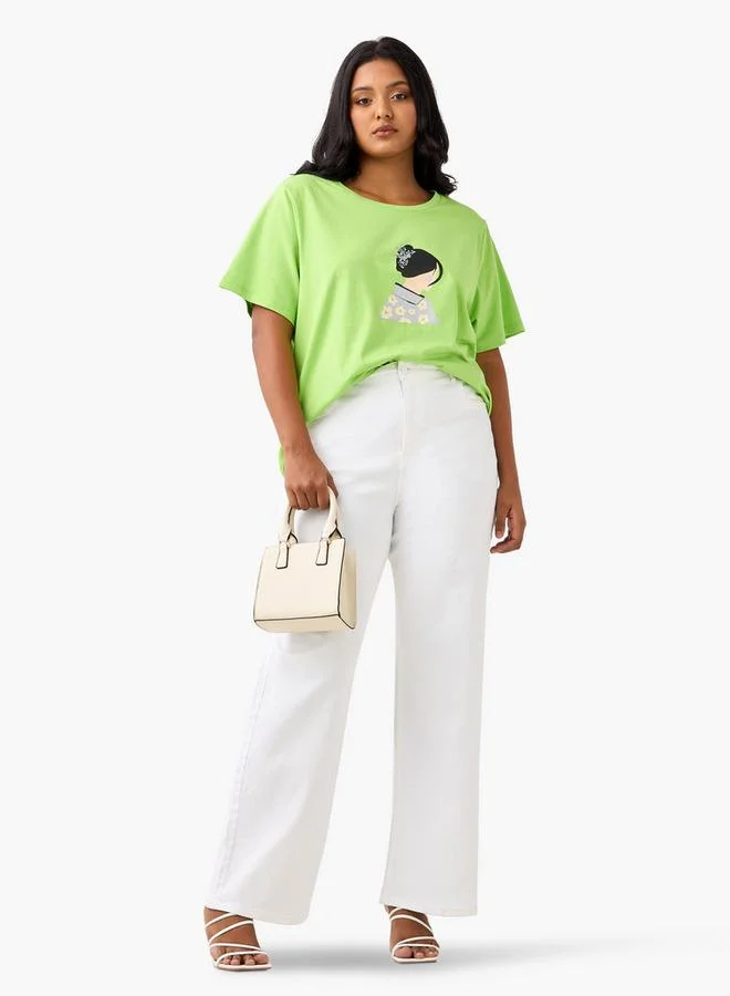 Ulla Popken Plus Size Ulla Popken Graphic Print T-shirt with Short Sleeves