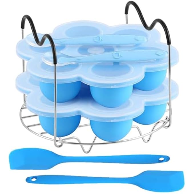 jaffiust The White Shop Silicone Egg Bites Molds And Steamer Rack Trivet With Heat Resistant Handles 7Pcs Set For 6Qt 8Qt Electric Pressure Cooker With 2 Spoons And Silicone Spatula Blue - Image 2