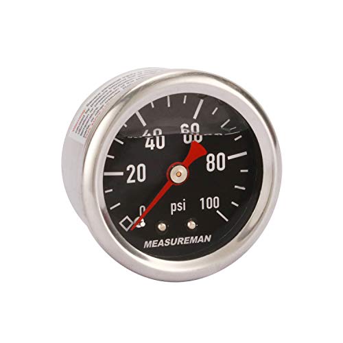 MEASUREMAN 1.5" Black Dial, 304 Stainless Steel case, Liquid Filled Fuel Pressure Gauge, 0-100Psi, -3-2-3%, 1/8" NPT Center Back Mount - Image 1