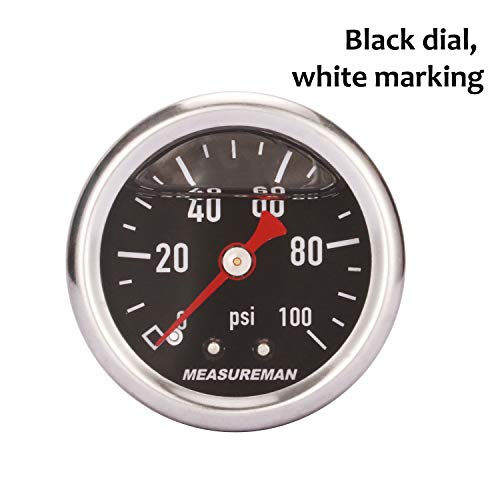 MEASUREMAN 1.5" Black Dial, 304 Stainless Steel case, Liquid Filled Fuel Pressure Gauge, 0-100Psi, -3-2-3%, 1/8" NPT Center Back Mount - Image 2