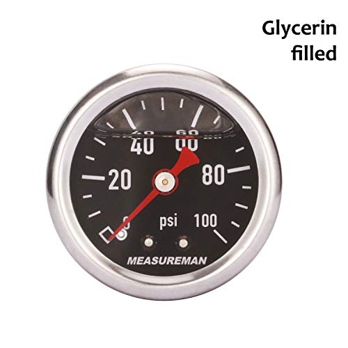 MEASUREMAN 1.5" Black Dial, 304 Stainless Steel case, Liquid Filled Fuel Pressure Gauge, 0-100Psi, -3-2-3%, 1/8" NPT Center Back Mount - Image 3