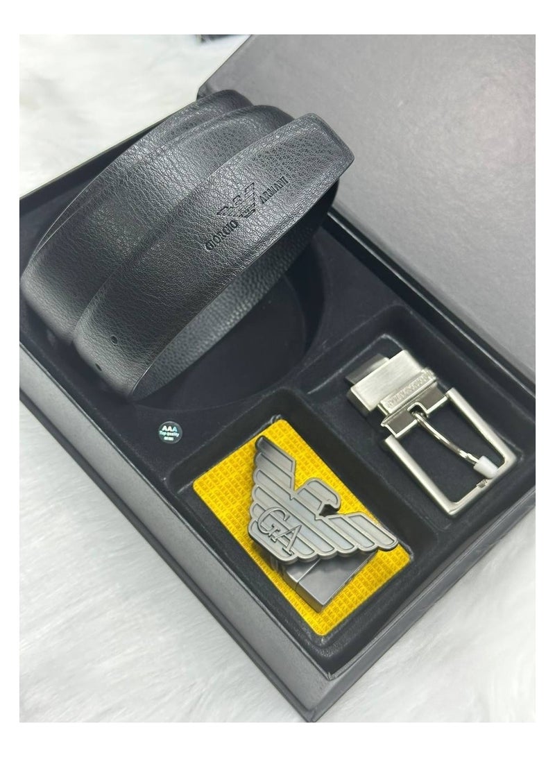 GIORGIO ARMANI Giorgio Armani Leather Double Face Belt Black Belt Two Buckle Gift Set Box for Men - Image 4