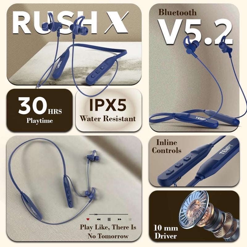TEMPT Newly Launched Rush X in Ear Wireless Headphones Neckband with 20 Hours of Playback Time, Vibration Alert, BT V5.2, 10mm Drivers with Copper Ring, Crystal Clear Sound (Blue) - Image 2