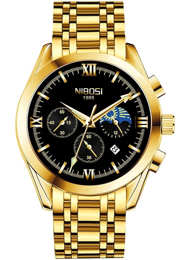 NIBOSI - Men Watches Analog Chronograph Black Dial Watches For Men Business Quartz Casual Wrist Watches With Brown Leather Strap Calendar - Image 1