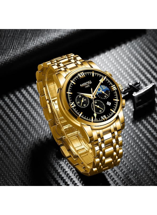 NIBOSI - Men Watches Analog Chronograph Black Dial Watches For Men Business Quartz Casual Wrist Watches With Brown Leather Strap Calendar - Image 1