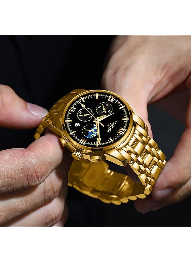 NIBOSI - Men Watches Analog Chronograph Black Dial Watches For Men Business Quartz Casual Wrist Watches With Brown Leather Strap Calendar - Image 1